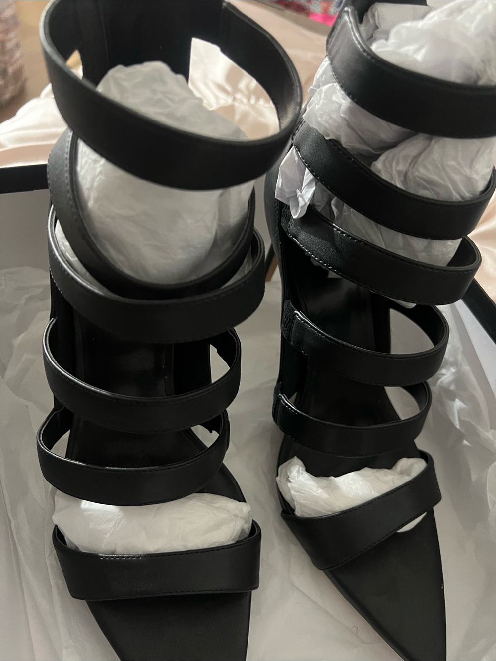 Black Multi-Strap Pointed-Toe Women's Heels by